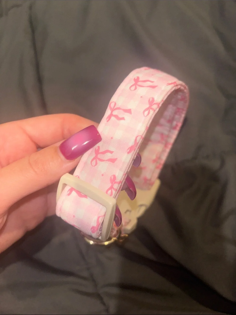 Pink Coquette Checkered Ribbon Print Dog Collar with Charm